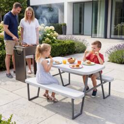 CASART Kids Picnic Table w/Benches Camping Table & Chairs w/ Umbrella Hole in White - thumbnail 8