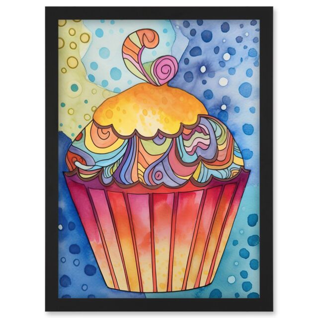 Artery8 Cupcake With Colourful Frosting Folk Art Watercolour Painting Artwork Framed Wall Art Print A4 in Black - image 1