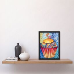 Artery8 Cupcake With Colourful Frosting Folk Art Watercolour Painting Artwork Framed Wall Art Print A4 in Black - thumbnail 2