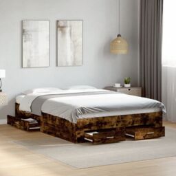 Berkfield Home Bed Frame with Drawers without Mattress Smoked Oak 140x190 cm in Brown - thumbnail 1