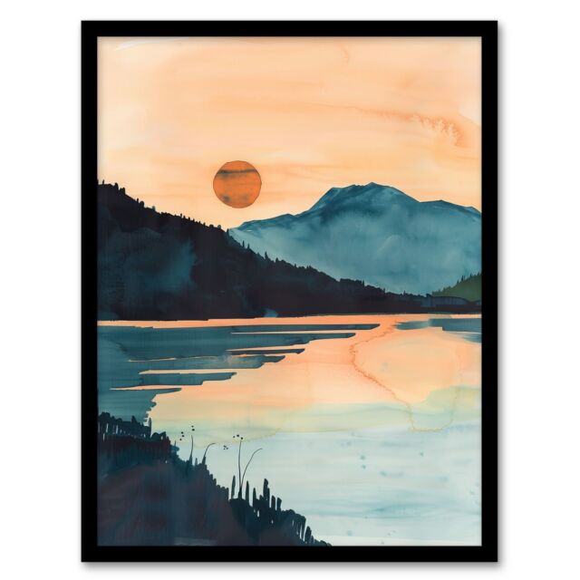 Artery8 Sun Rising Over Loch Shiel Lakeside Mountains Framed Art Print in Dark Blue - Size: A4 - image 1