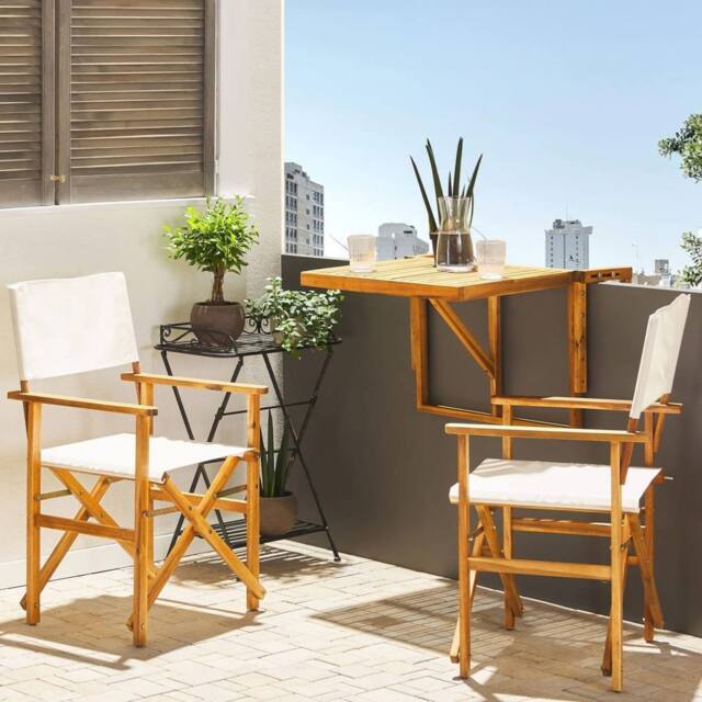Wyld and Coco Folding Director's Chairs Set 2 Acacia Wood Neutral Fabric Sling in White - image 1