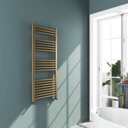 Bathroom Kingdom Omata Brushed Brass Straight Heated Towel Rail 1200x500mm in Gold
