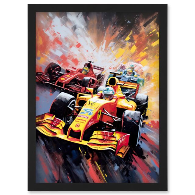 Artery8 Grand Prix Championship Cars Racing on Track Artwork Framed Wall Art Print A4 in Black - image 1