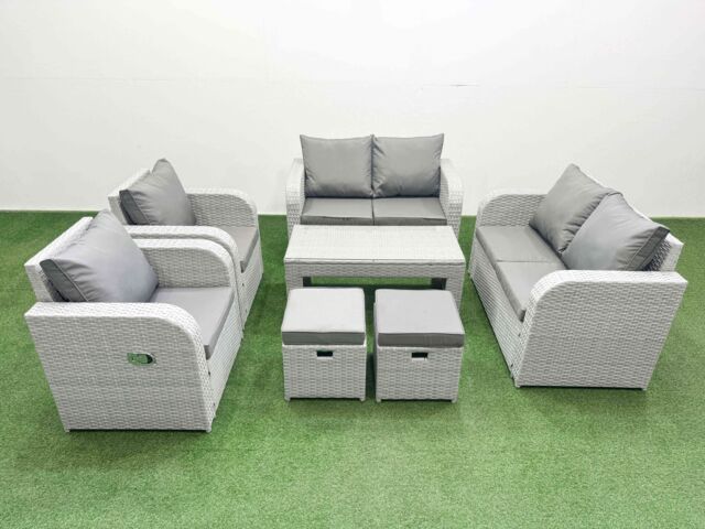 Fimous 8 Seater Outdoor Reclining Chair Love Sofa Set Rattan Garden Furniture Set with Oblong Coffee Table 2 Stools Light Grey - image 1
