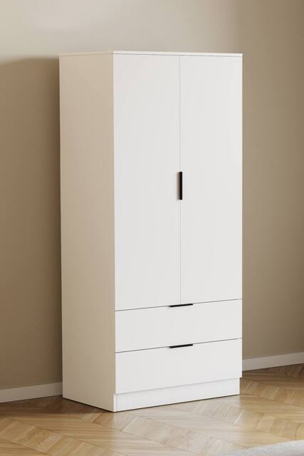 HD Designs Trega 2 Door 2 Drawer Wardrobe Clothes Hanging Rail MDF in White - image 1