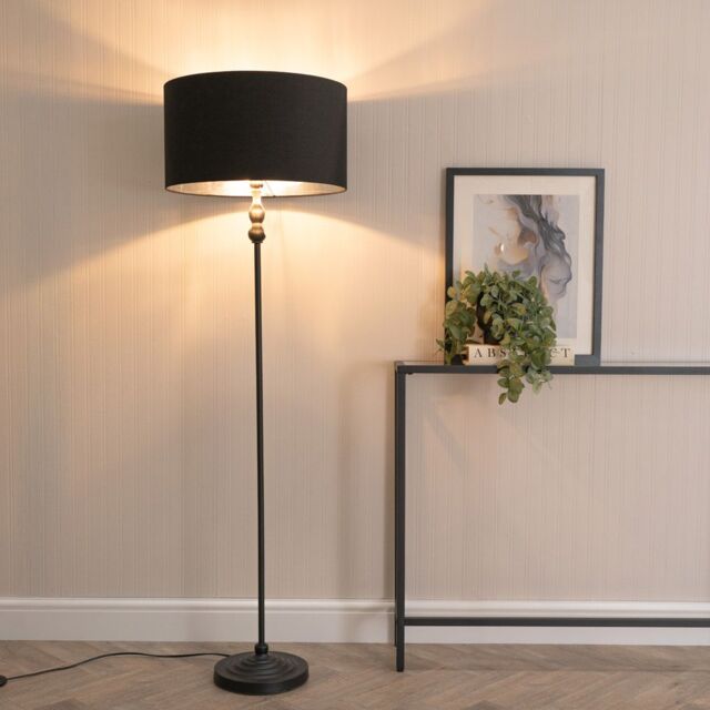 ValueLights Maggie Black Candlestick Floor Lamp with Black with Chrome Inner Lamp Shade - image 1