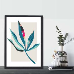 ARTZE Palm Leaf Blue & Pink Boho Botanical Framed Print SIZE: A2 with Black Frame in Mid Blue - Size: A4 - thumbnail 2