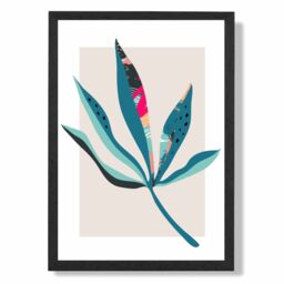 ARTZE Palm Leaf Blue & Pink Boho Botanical Framed Print SIZE: A2 with Black Frame in Mid Blue - Size: A4 - thumbnail 1