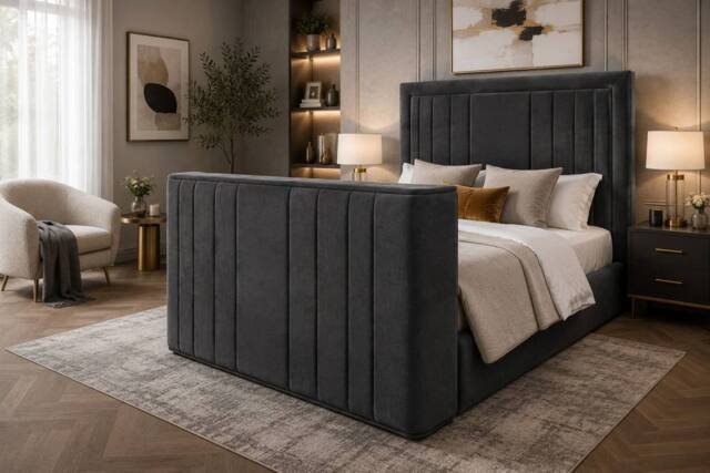 Stratus Interiors Modern Lined TV Panel Bed with Integrated TV Lift - Non Storage in Grey - Size: Double - image 1