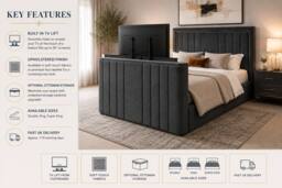 Stratus Interiors Modern Lined TV Panel Bed with Integrated TV Lift - Non Storage in Grey - Size: Double - thumbnail 2