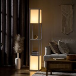 HOMCOM Shelf Floor Lamp with Dual Light, for Living Room, Bedroom in White - thumbnail 1