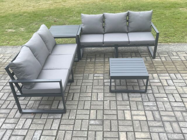 Fimous Aluminium 4 Pieces Garden Furniture Sofa Set with Cushions 6 Seater Outdoor Patio Set with Square Coffee Table Side Table Dark Grey - image 1