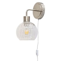 First Choice Lighting Toby - Satin Nickel Plug in Wall Light with Betchley Clear Shade in Silver