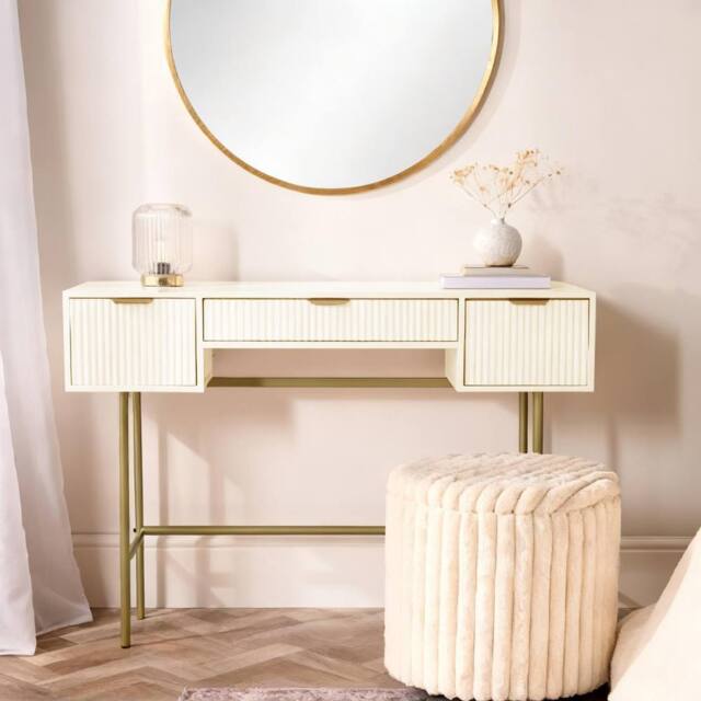 OHS Ribbed Dressing Table Vanity Makeup Desk with 3 Drawers in Cream - image 1