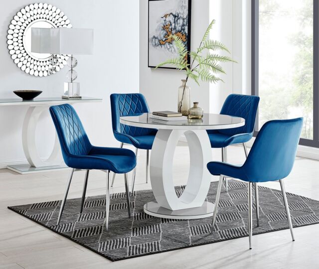 FurnitureboxUK Giovani Round 4 Seat 100cm White High Gloss Halo Base Grey Glass Top Dining Table 4 Soft Velvet Silver Leg Pesaro Chairs in Navy - image 1