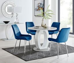 FurnitureboxUK Giovani Round 4 Seat 100cm White High Gloss Halo Base Grey Glass Top Dining Table 4 Soft Velvet Silver Leg Pesaro Chairs in Navy - thumbnail 1