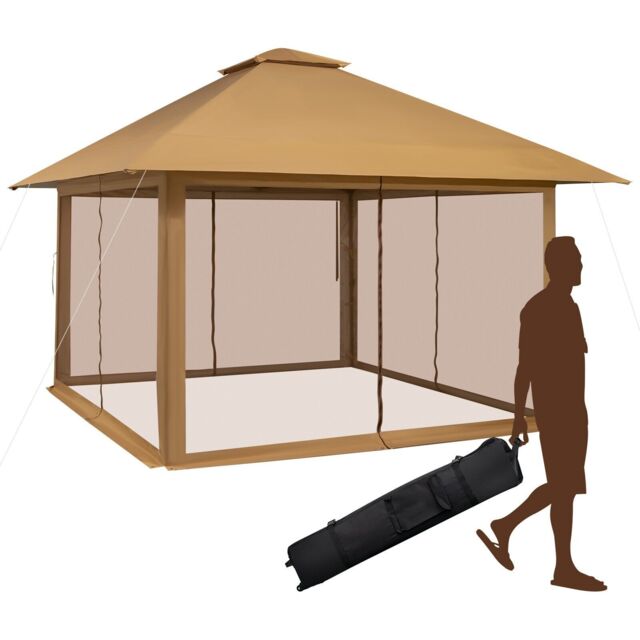 Costway 4m x 4m Pop up Gazebo Canopy Tent W/ Netting Mesh Sidewalls in Brown - image 1