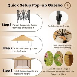 Costway 4m x 4m Pop up Gazebo Canopy Tent W/ Netting Mesh Sidewalls in Brown - thumbnail 6