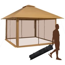 Costway 4m x 4m Pop up Gazebo Canopy Tent W/ Netting Mesh Sidewalls in Brown - thumbnail 1