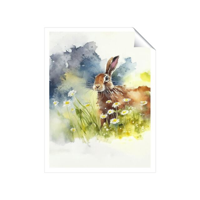 "Warren Reed - Designer Hare & Daisies Watercolour Unframed Art Print - Size: W20"" x H30""" - image 1