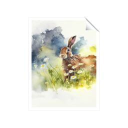 "Warren Reed - Designer Hare & Daisies Watercolour Unframed Art Print - Size: W20"" x H30""" - thumbnail 2