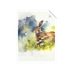 "Warren Reed - Designer Hare & Daisies Watercolour Unframed Art Print - Size: W20"" x H30""" - thumbnail 1
