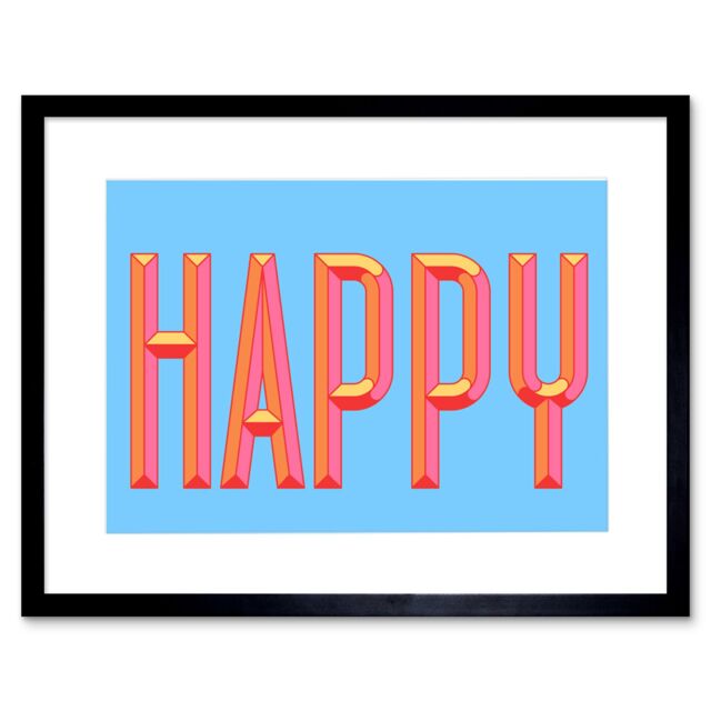 "Artery8 Wall Art Print Happy Word Art Bright Artwork Framed 9X7 Inch in Black - Size: W7"" x H9""" - image 1