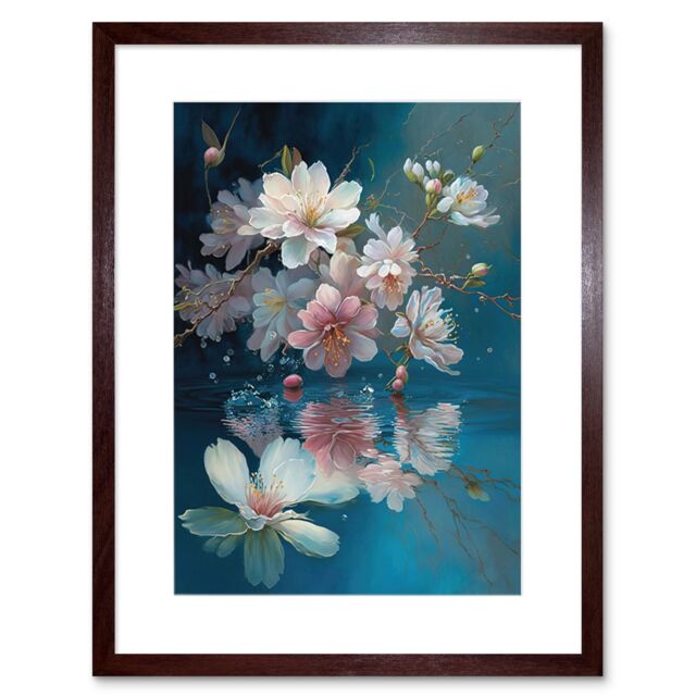 "Artery8 Wall Art Print Cherry Blossom Branch Dancing Over Water Modern Watercolour Painting Artwork Framed 9X7 Inch in Brown - Size: W7"" x H9""" - image 1