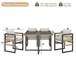 Direct Wicker Hand-Woven Rope Garden Sofa Set for 4 People Patio Furniture in Beige - Size: 4 Person - thumbnail 2