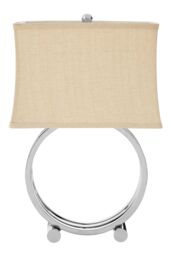 Orsina Circlet Table Lamp With Polished Silver Metal Base, Round Triple Circle Design, Fabric Drum Shade in Natural