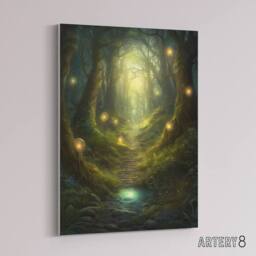 "Artery8 Fairy Land Enchanted Forest Path Fantasy Canvas Wall Art Print in Green - Size: W18"" x H24""" - thumbnail 2