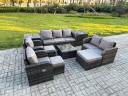 Fimous 10 Seater Garden Furniture Set Rattan Outdoor Lounge Sofa Chair With Tempered Glass Table 3 Footstools 2 Side Tables Dark Grey Mixed - thumbnail 1