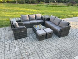 Fimous 9 Seater Outdoor Rattan Garden Furniture Set Conservatory Patio Sofa Coffee Table With Reclining Chair 2 Small Footstools 2 Side Tables - thumbnail 1