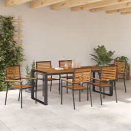 Berkfield Home 7 Piece Garden Dining Set Black Poly Rattan Acacia - thumbnail 4