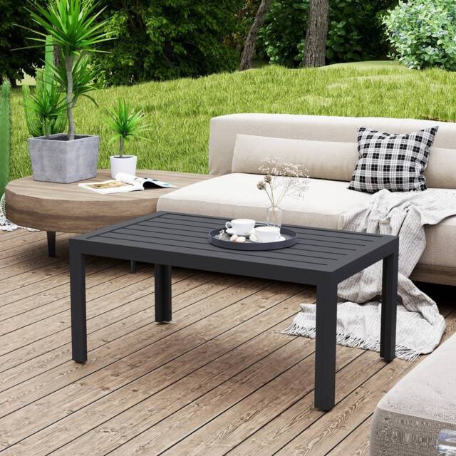 OUTSUNNY Outdoor Side Table Garden Table with Steel Frame & Slat Top Grey - image 1