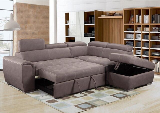 Furnishings For Less UK Nevada Large L Shaped Suede Tilting Headrest & Storage Ottoman Included Right Hand Facing in Light Brown - image 1