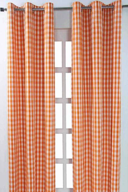 Homescapes Cotton Block Check Gingham Eyelet Curtain Pair in Orange - Size: 140 cm width x 229 cm drop - image 1