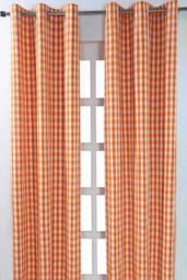 Homescapes Cotton Block Check Gingham Eyelet Curtain Pair in Orange - Size: 140 cm width x 229 cm drop
