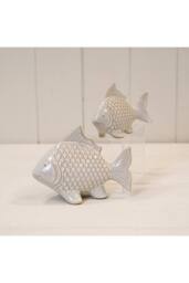KDMD White Glazed Ceramic Fish Ornament with Textured Detail in Off-White - thumbnail 2