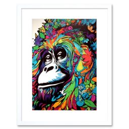 "Artery8 Wall Art Print Orangutan with Flowers Graffiti Colourful Psychedelic Nature Spirit Animal Great Ape Artwork Framed 9X7 Inch - Size: W7"" x H9""" - thumbnail 1