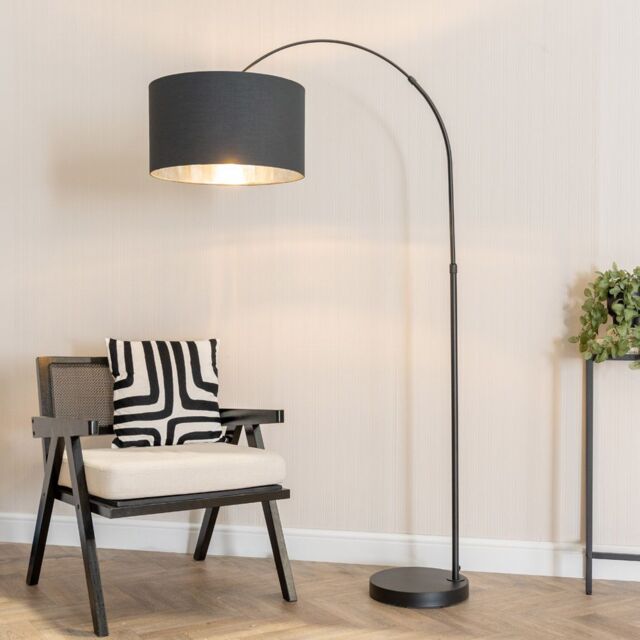 ValueLights Louis Black Arched Floor Lamp with Fabric Drum with Chrome Inner Shade & Bulb - image 1