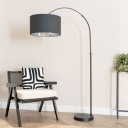 ValueLights Louis Black Arched Floor Lamp with Fabric Drum with Chrome Inner Shade & Bulb - thumbnail 3