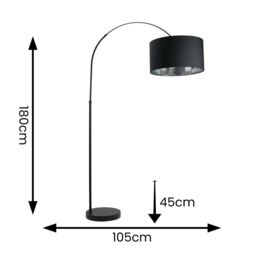 ValueLights Louis Black Arched Floor Lamp with Fabric Drum with Chrome Inner Shade & Bulb - thumbnail 4