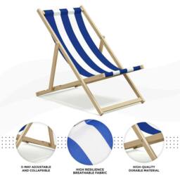 KORVIXA 2 x Beach Chair Wooden Deck Folding Chair Lounger in Blue - Size: 100 cm - thumbnail 3