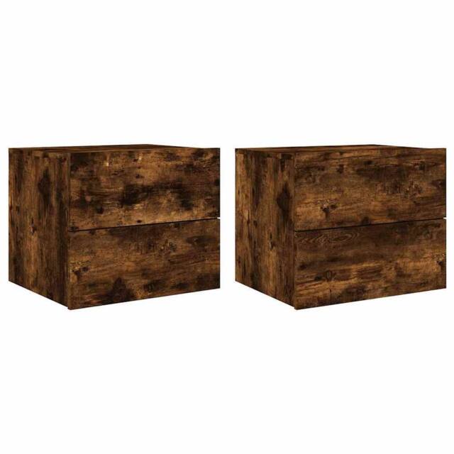 Berkfield Home Wall-mounted Bedside Cabinets with LED Lights 2 pcs Smoked Oak in Brown - image 1
