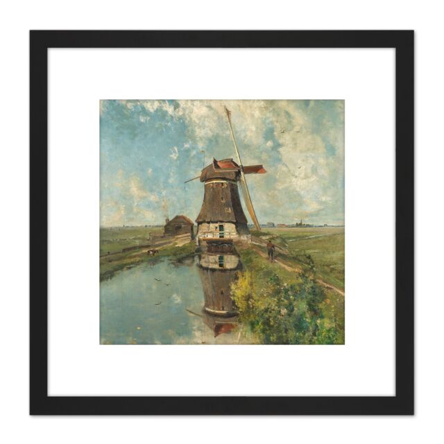 Artery8 Paul Gabriel A Windmill On A Polder Waterway 8X8 Inch Square Wooden Framed Wall Art Print Picture with Mount in Black - image 1