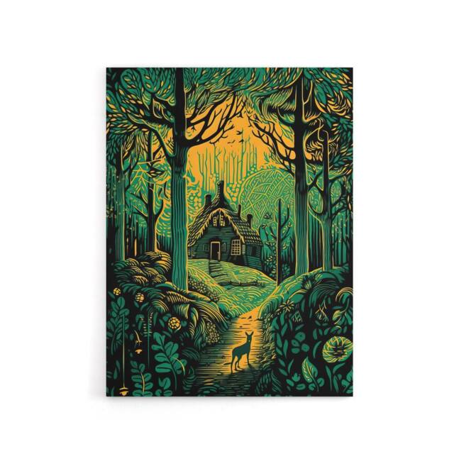 "Artery8 Cabin Hut In A Forest At Sunrise Canvas Wall Art Print in Green - Size: W18"" x H24""" - image 1