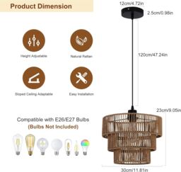 Garwarm Boho Chandelier Light Fixture, Farmhouse Rattan Pendant Light in Bronze - thumbnail 4