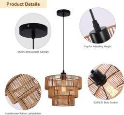 Garwarm Boho Chandelier Light Fixture, Farmhouse Rattan Pendant Light in Bronze - thumbnail 5